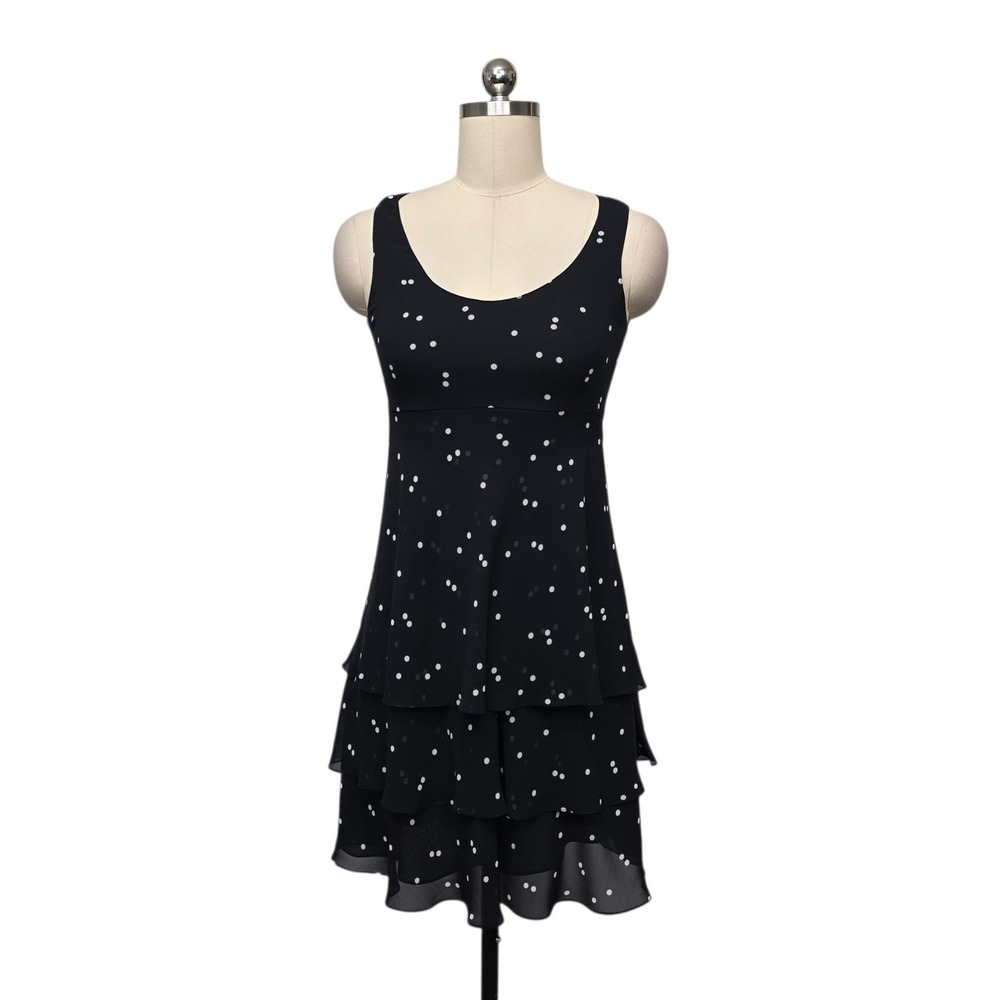 Kay Unger Evenings Polka Dot Tiered Ruffle Cocktail Dress Black‎ White Size 2